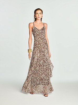 Vestido Longo Moka Tule Estampado Marrom e Off White