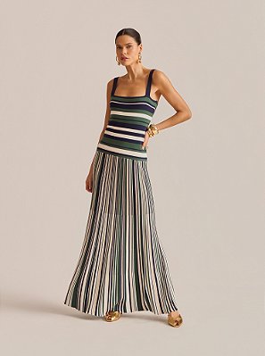 Vestido Midi Rise Tricot Listrado Marinho e Off White