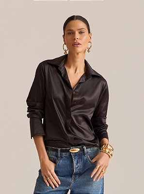 Camisa Shadow Acetinada Botões Embutidos Preta