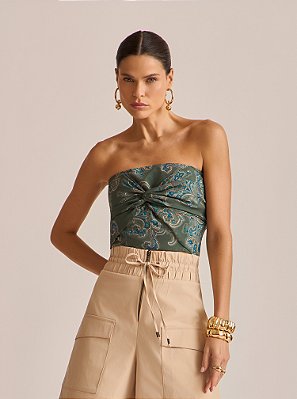 Top Inner Acetinado Nó Frontal Estampado Verde