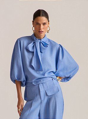 Blusa Rust Manga Bufante Faixa Removível Azul