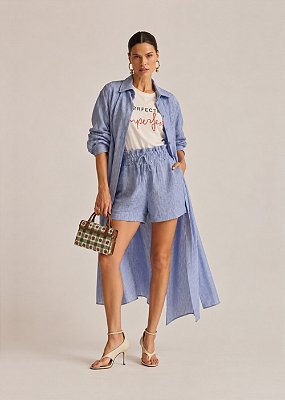 Camisa Alongada Ligia Fio Tinto Crinkle Listrada Azul e Off White