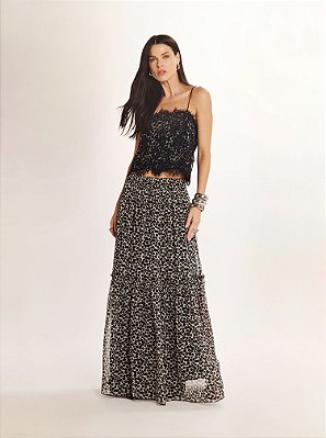 Saia Longa Cloud Estampa Poá Preta e Off White