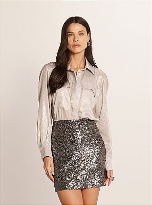 Saia Curta Metal Lux Paetê Ônix Prata