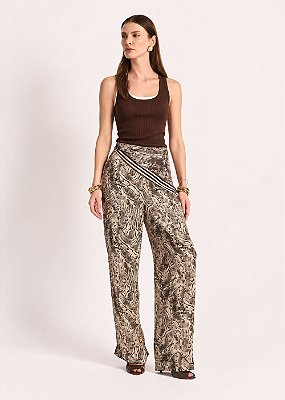 Calça Wild Reta Chiffon Estampada Off-White e Marrom