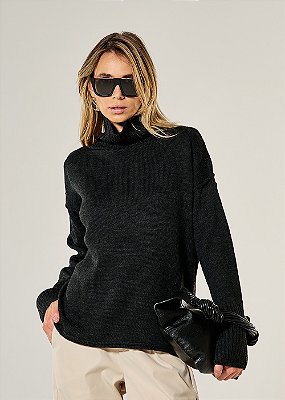 Blusa Tricot Ampla Gola Alta Preta