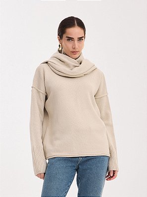 Blusa Tricot Ampla Gola Alta Bege