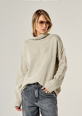 Blusa Tricot Ampla Gola Alta Bege