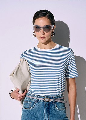 T-Shirt Malha Malu Listra Azul com Off White