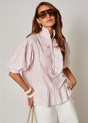 Blusa Tricoline Paola Listrado Off com Rosa