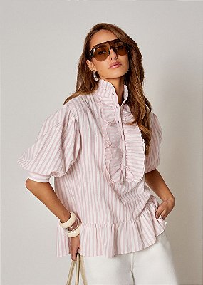 Blusa Tricoline Paola Listrado Off com Rosa