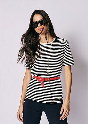 T-Shirt Malha Manu Listra Preto e Off White