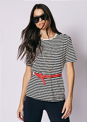 T-Shirt Malha Manu Listra Preto e Off White