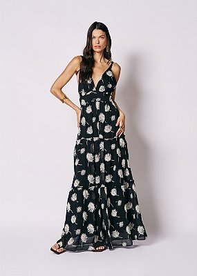 Vestido Chiffon Bordado Angelica Preto