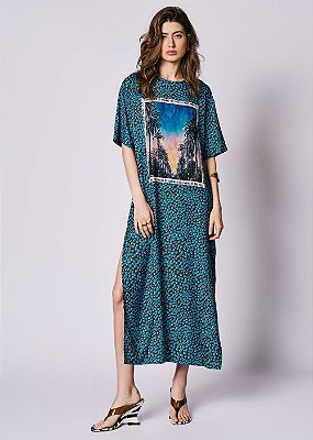 Vestido Acetinado Edina Estampado Azul
