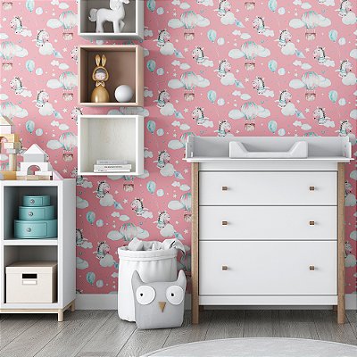 Papel de Parede Animais Fofos Zebra e Balões nas Nuvens