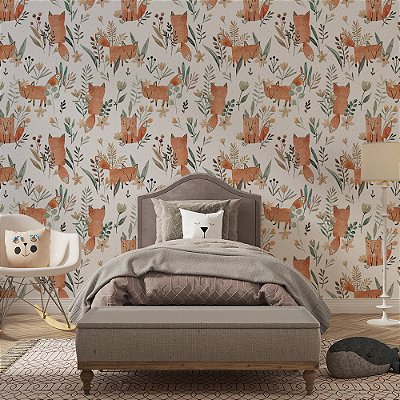 Papel de Parede Animais Fofos Raposas e Flores