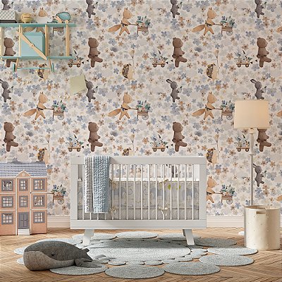 Papel de Parede Animais Fofos e Flores em Aquarela