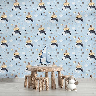 Papel de Parede Animais Fofos Urso de Carro no Céu Estrelado Azul