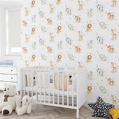 Papel de Parede Animais Fofos e Estrelas Cinzas