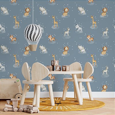 Papel de Parede Animais Fofos e Estrelas Cinzas e Fundo Azul