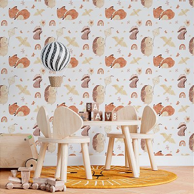 Papel de Parede Boho Kids Raposa e Porco Espinho