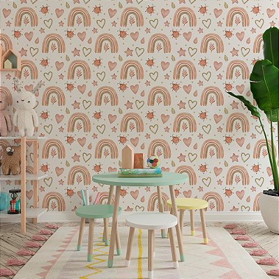 Papel de Parede Boho Kids Arco-íris, Estrelas e Corações