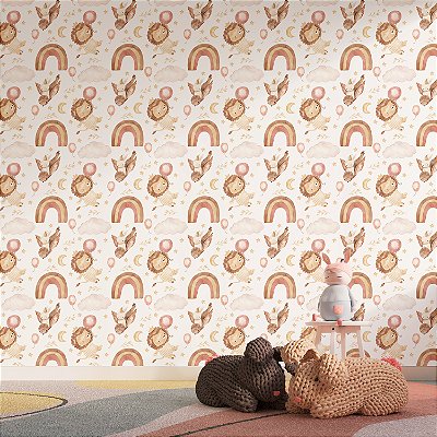 Papel de Parede Boho Kids Arco-íris, Leão e Coelho