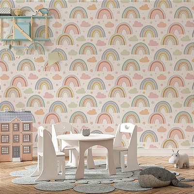 Papel de Parede Boho Kids Arco-íris Tons Pastéis e Nuvens