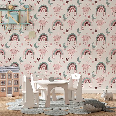 Papel de Parede Boho Kids Arco-íris, Luas e Corações