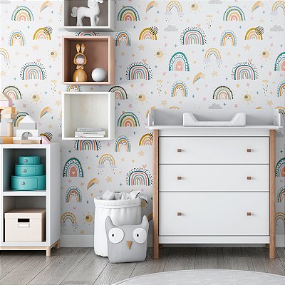 Papel de Parede Boho Kids Arco-íris, Estrelas e Sol