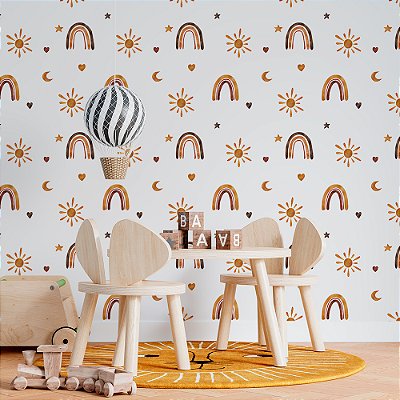 Papel de Parede Boho Kids Arco-íris, Sol e Lua