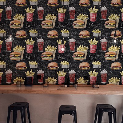 Papel de Parede Lanchonete Hambúrguer e Batata Frita