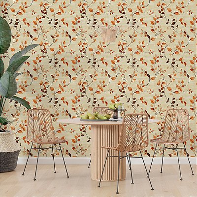 Papel de Parede Floral Folhas Laranjas e Fundo Amarelo