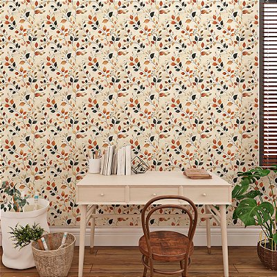 Papel de Parede Floral Folhas Vermelhas e Azul Escuro