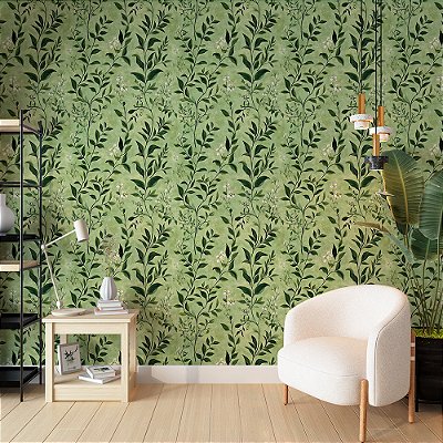 Papel de Parede Floral Folhas Verdes e Fundo Verde