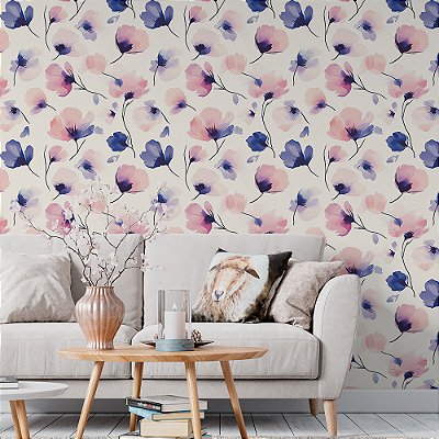 Papel de Parede Floral Flores Azul e Rosa