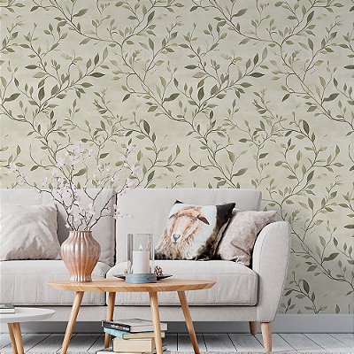 Papel de Parede Floral Ramos de Folhas Verdes no Fundo Verde