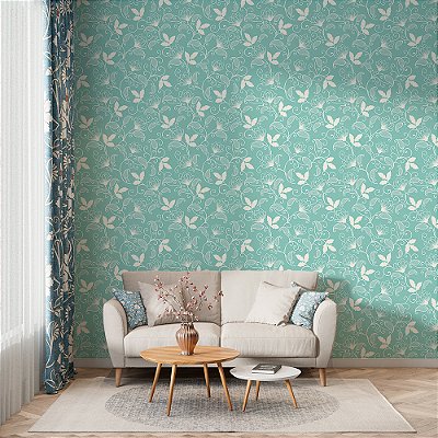 Papel de Parede Floral Folhas Brancas em Fundo Azul