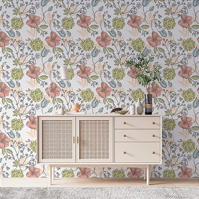 Papel de Parede Floral Flores Vermelhas e Azuis Desenhadas