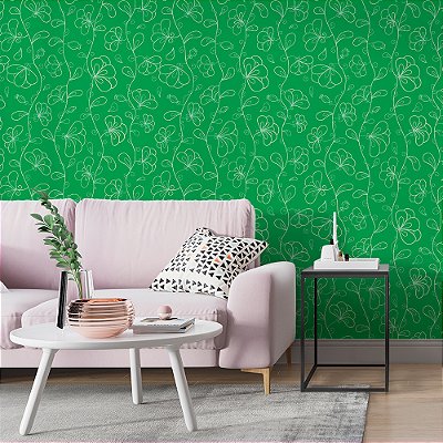 Papel de Parede Floral Desenhado Flores Brancas em Fundo Verde