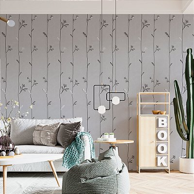 Papel de Parede Floral Ramas de Folhas Delicadas em Fundo Cinza
