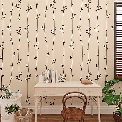 Papel de Parede Floral Ramas de Folhas Escuras em Fundo Bege