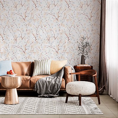 Papel de Parede Floral Ramas de Flores Delicadas em Tons Pastéis