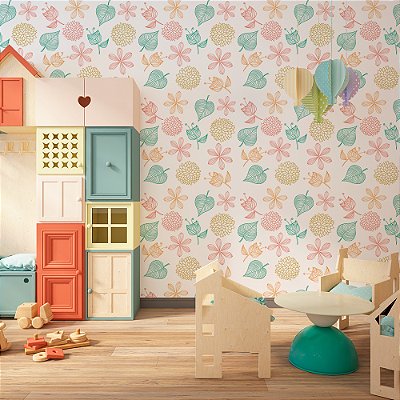 Papel de Parede Floral Flores e Folhas Coloridas