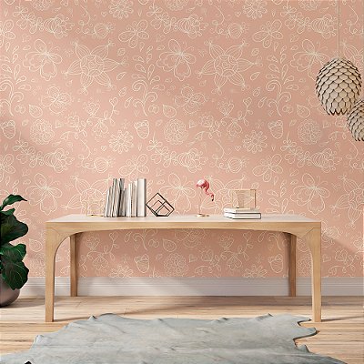 Papel de Parede Floral Desenhado Flores Brancas em Fundo Rosa Pastel