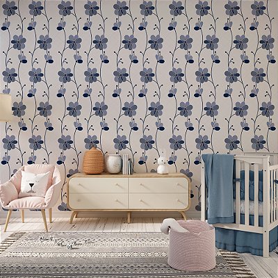 Papel de Parede Floral Ramas de Flores Azul