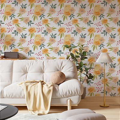 Papel de Parede Floral Ramas de Flores Laranjas