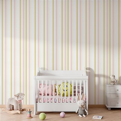 Papel de Parede Listrado Branco, Rosa e Bege em Tons Suaves