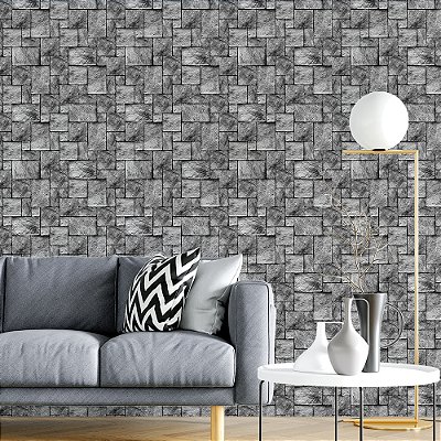 Papel de Parede Pedras Quadradas Mosaico Cinza